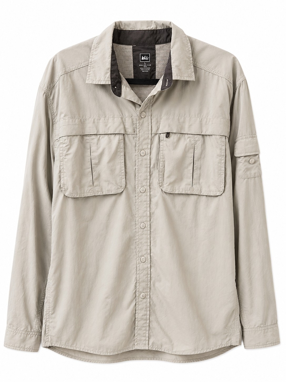 REI Mens L Beige Vented Fishing Safari Outdoor Long Sleeve Button-Up Roll Tab